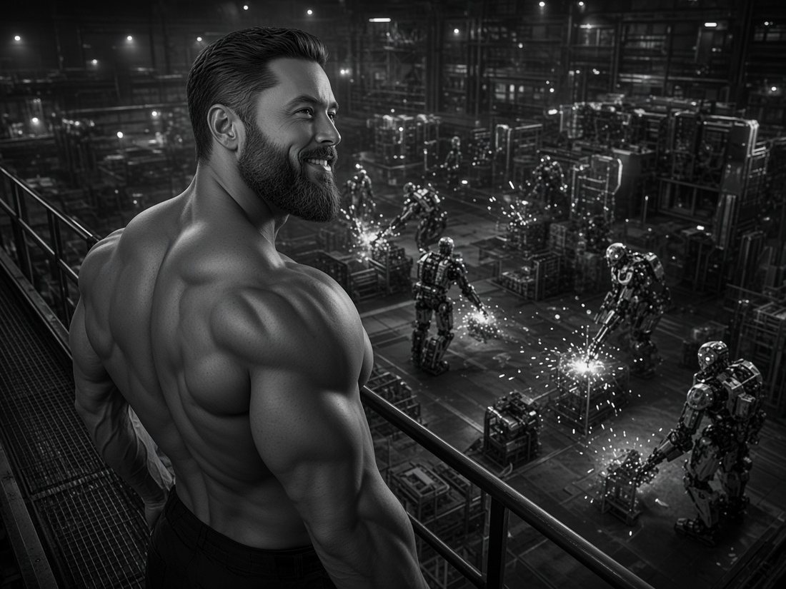 Gigachad overlooking a robot factory floor