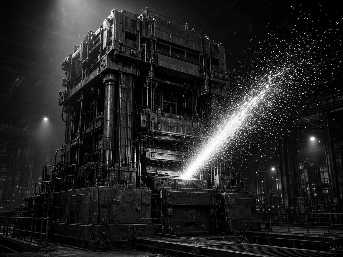 Giant industrial die-casting press with sparks