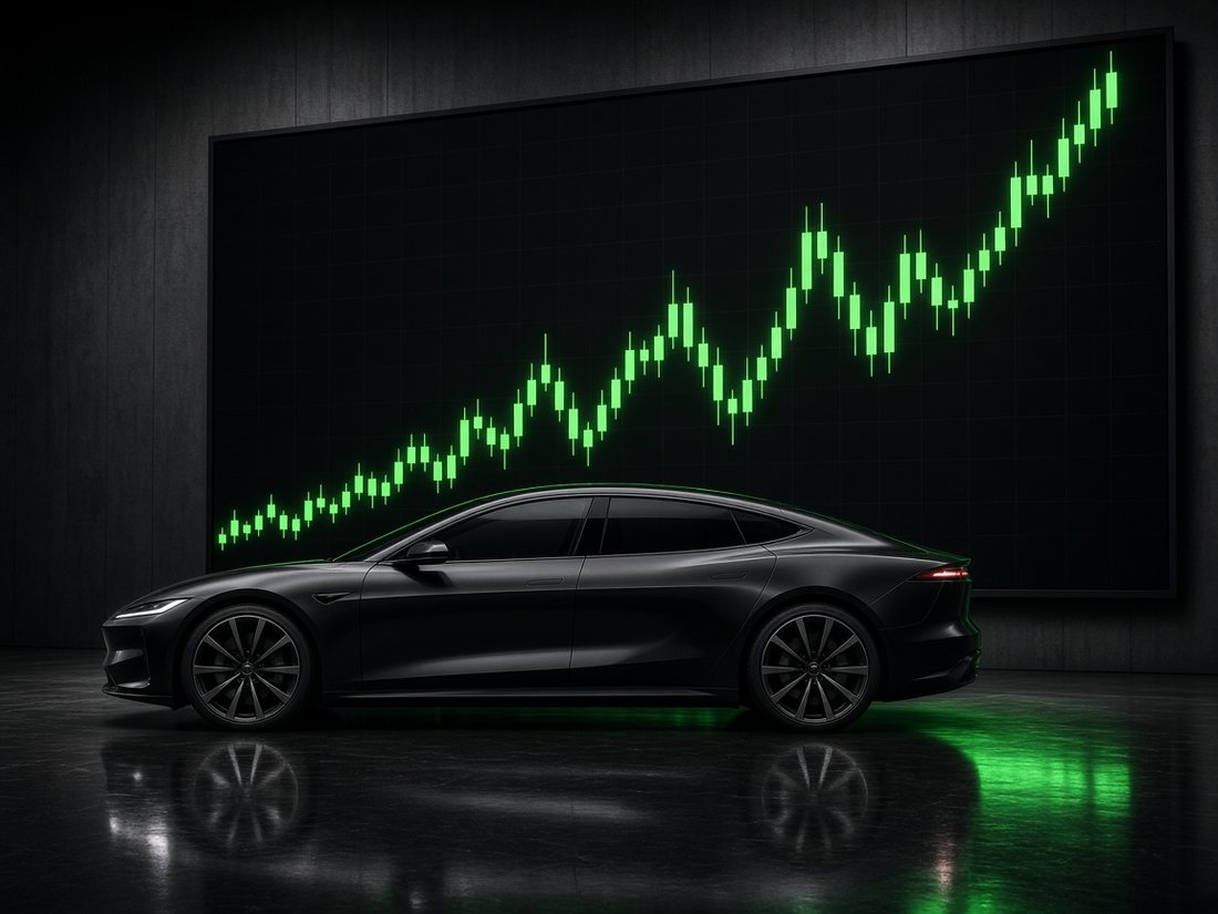 Electric sedan in front of a giant green candlestick chart